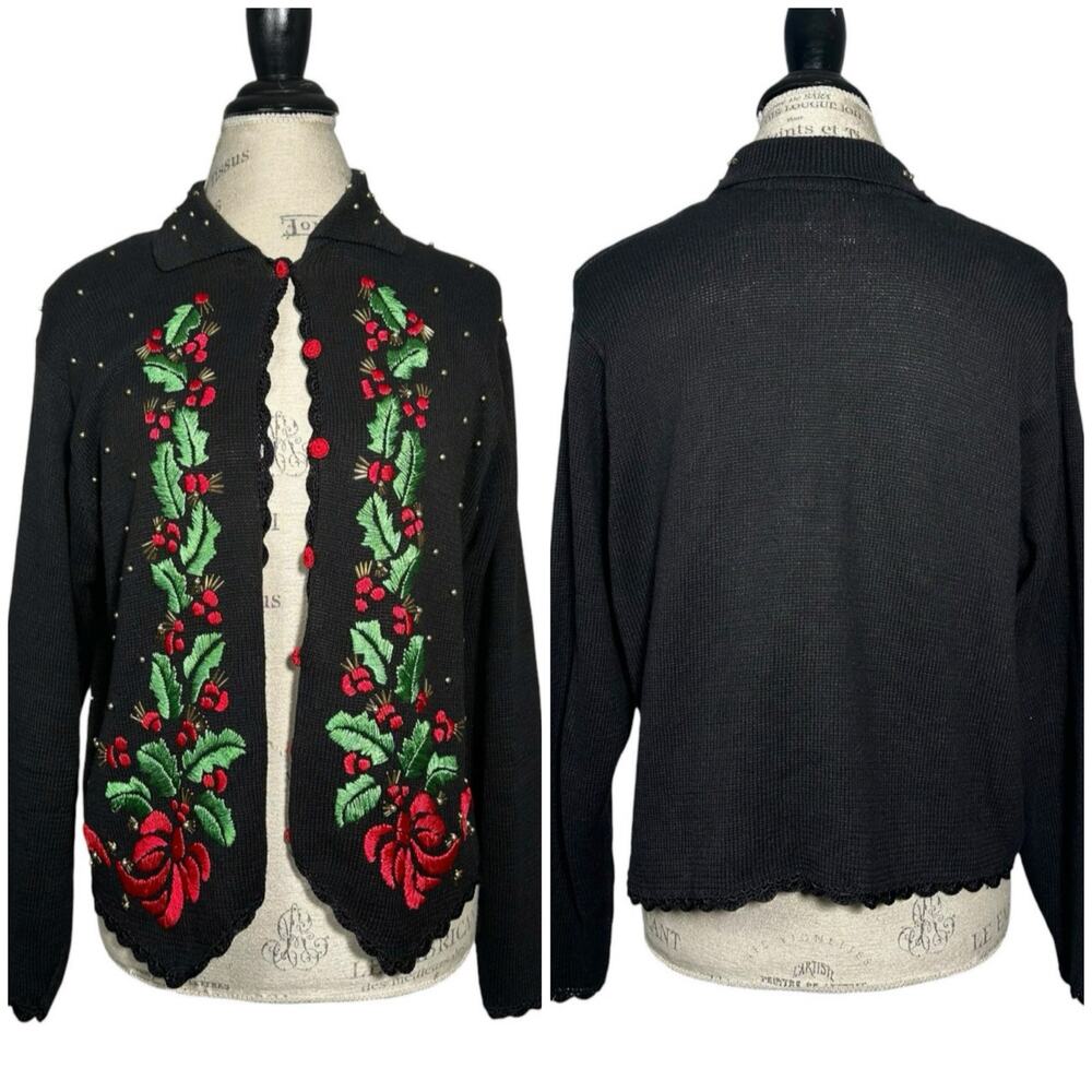 Arriviste | Women | Vtg Christmas Holly Embroidered Beaded Black Cardigan | S-M